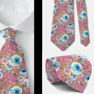 Ice Blue Blush Pink Floral Wasserfarbe Rose Krawatte