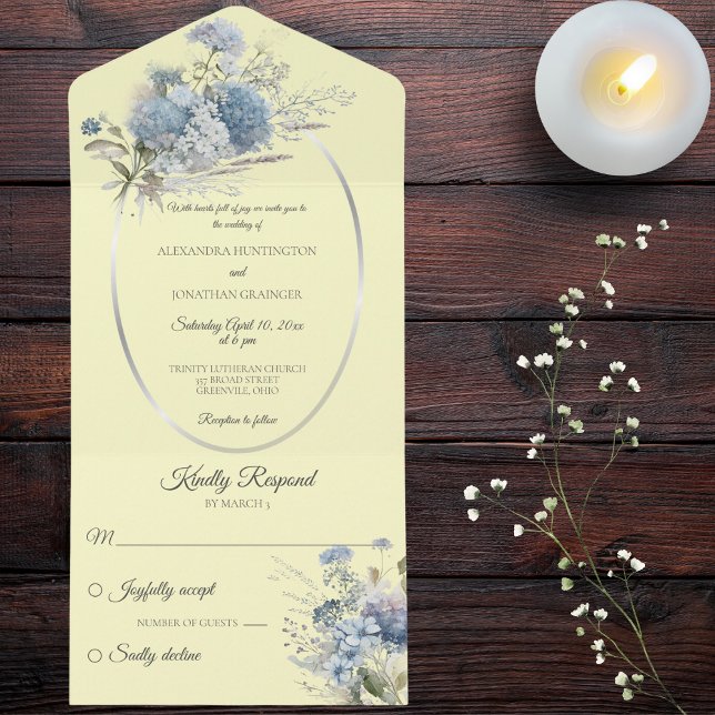 Ice Blue Bohemische Blume auf blassgelb All In One Einladung (Also available with QR code. )