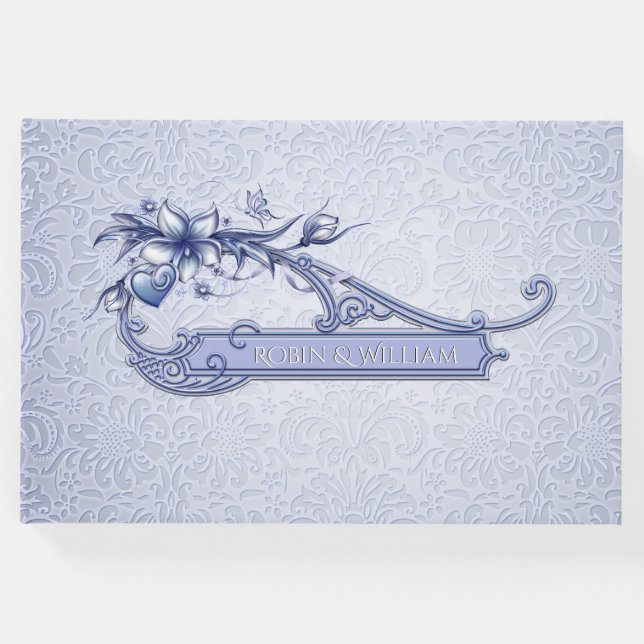Ice Blue Floral Damask Wedding Guest Book Gästebuch (Vorderseite)