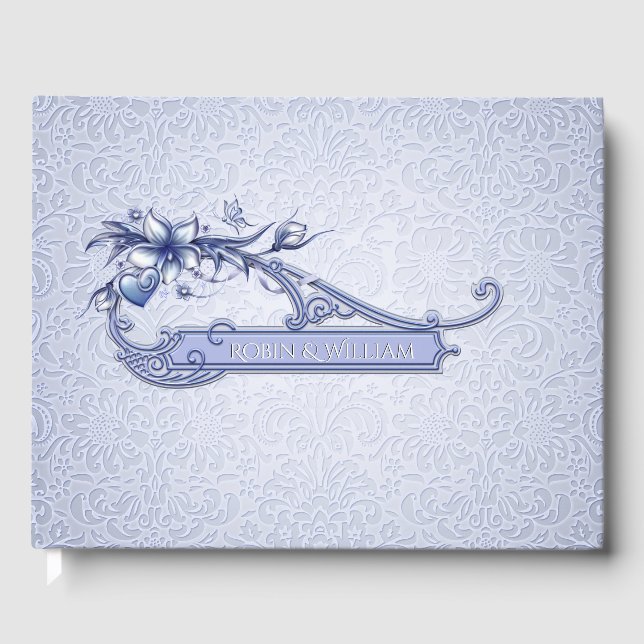 Ice Blue Floral Damask Wedding Guest Book Gästebuch (Vorderseite)
