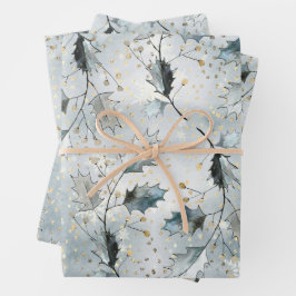 Ice Blue Gran Winter Holly Berries Goldener Schnee Geschenkpapier Set