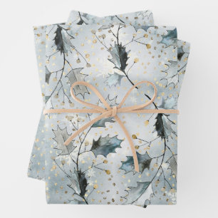 Ice Blue Gran Winter Holly Berries Goldener Schnee Geschenkpapier Set