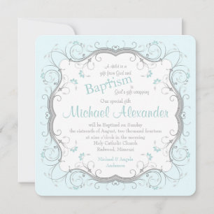 Ice Blue Grey Scroll Floral Taufen Einladung