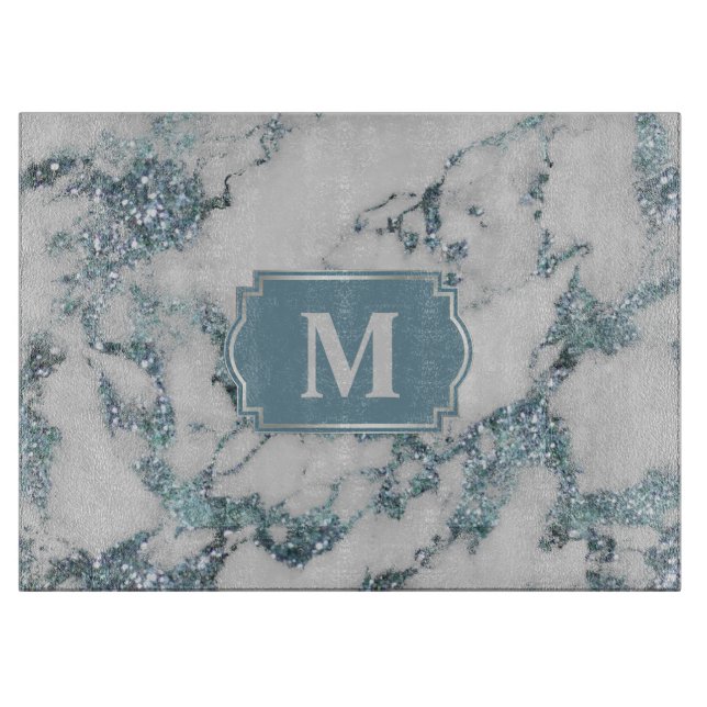 Ice Blue Imitats Marble Glitzer Monogram Schneidebrett (Vorderseite)