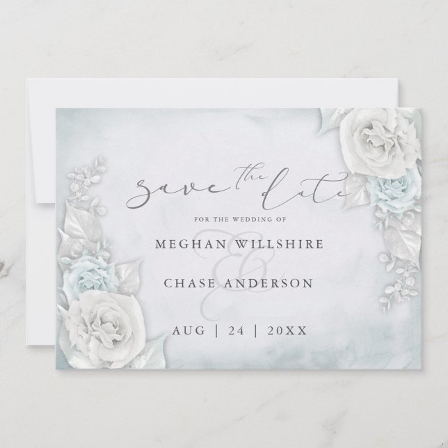 Ice Blue Shimmery Rose Save the Date (Vorderseite)