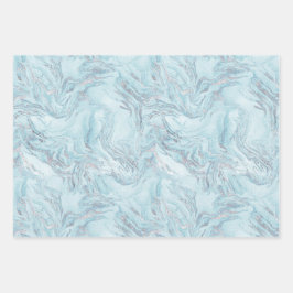 Ice Blue Silver Marble Glitz Geschenkpapier Set