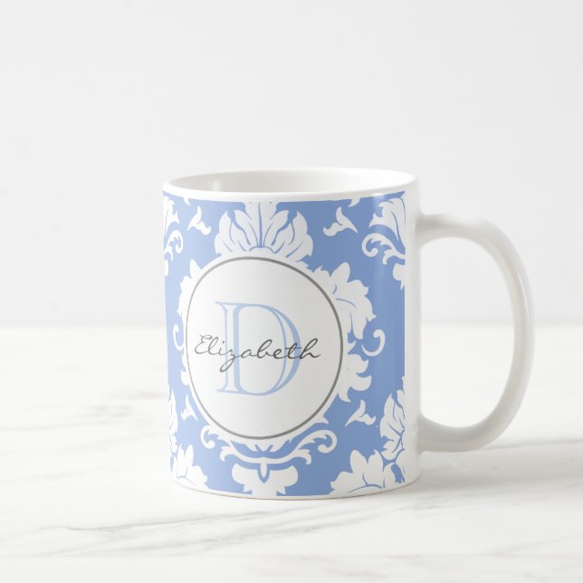 Ice Blue Vintag Damask Mit Monogramm Tasse (Rechts)