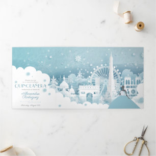 Ice Blue Winter in Paris Quinceñera Tri-Fold Invi Dreifach Gefaltete Einladung