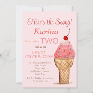 Ice Cream 2. Geburtstag Girl Pink Wasserfarbe Einladung