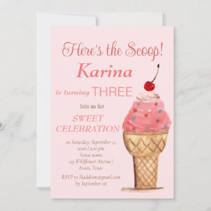 Ice Cream 3. Geburtstag Girl Pink Wasserfarbe Einladung