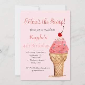 Ice Cream 4. Geburtstag Girl Pink Wasserfarbe Einladung