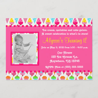 Ice Cream Cone Pink Girl Photo Birthday Invitation Einladung