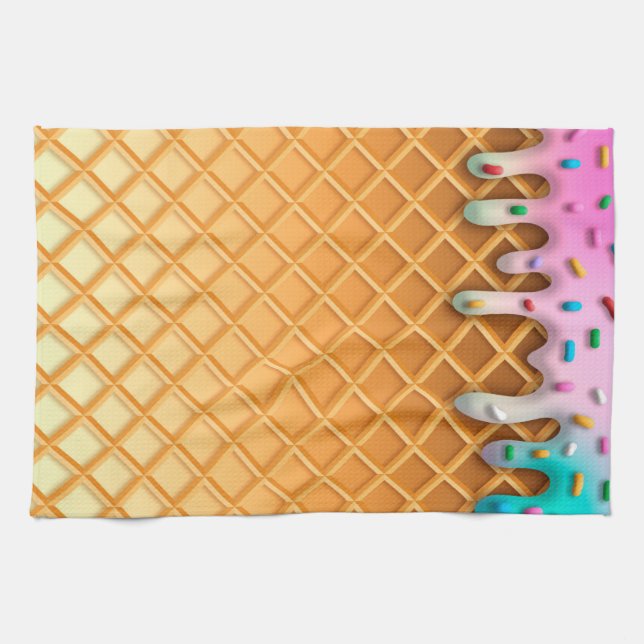 Ice Cream Drip Waffle Cone Pink With Sprinkles Geschirrtuch (Horizontal)