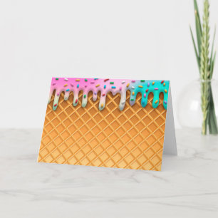 Ice Cream Drip Waffle Cone Pink With Sprinkles Karte
