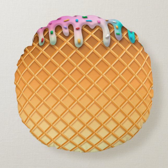 Ice Cream Drip Waffle Cone Pink With Sprinkles Rundes Kissen (Vorderseite)