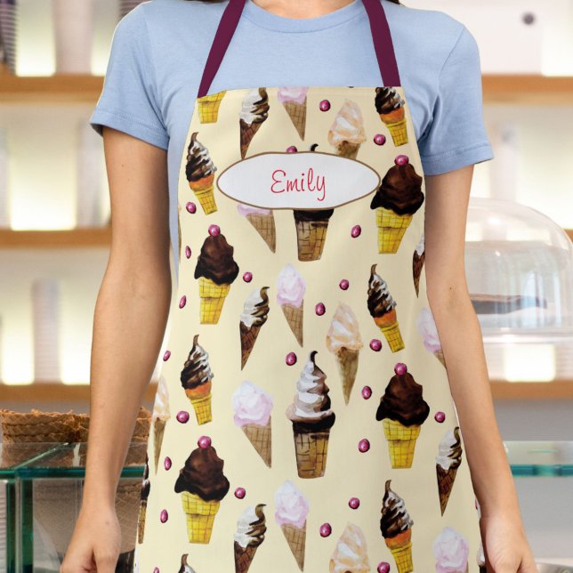 Ice Cream Parlor Buttercream Yellow Personalized Schürze (This retro buttercream ice cream apron features hand-painted art of chocolate and vanilla cones.)