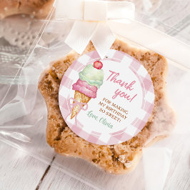 Ice Cream Pink Bow Gingham Birthday Party Runder Aufkleber