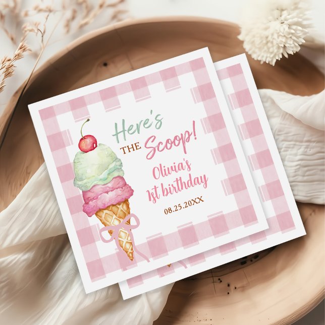 Ice Cream Pink Bow Gingham Birthday Party Serviette (Von Creator hochgeladen)