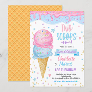 Ice Cream Twins Boy Girl Birthday Party Pink Blue Einladung