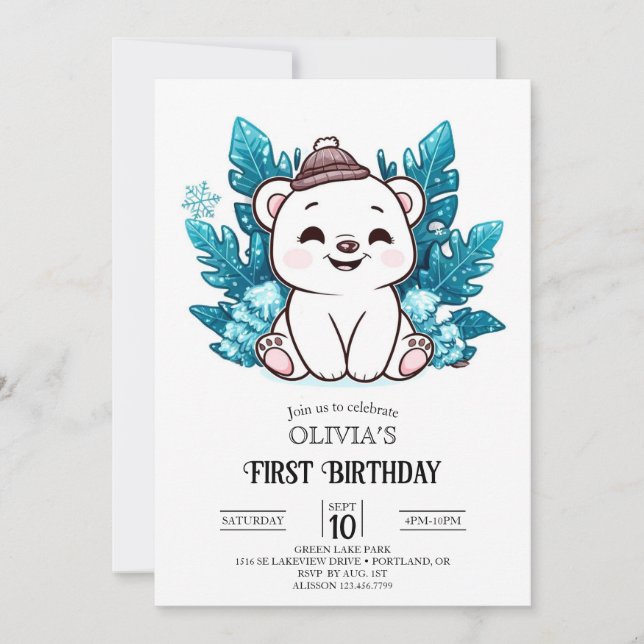 Ice Dreamy Polar Bär 1. Geburtstag digital Einladung (Vorderseite)