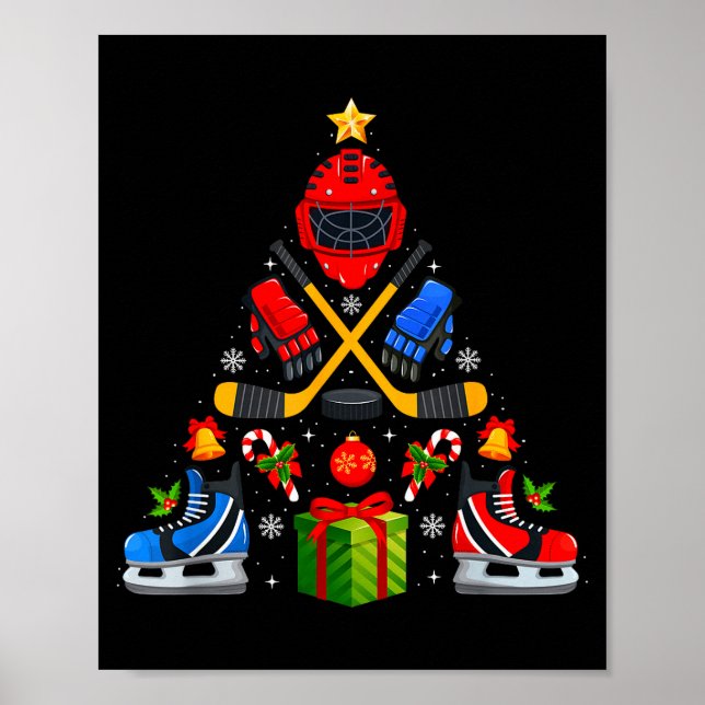 Ice Hockey Christmas Tree Lights Red Santa Hat Xma Poster (Vorne)