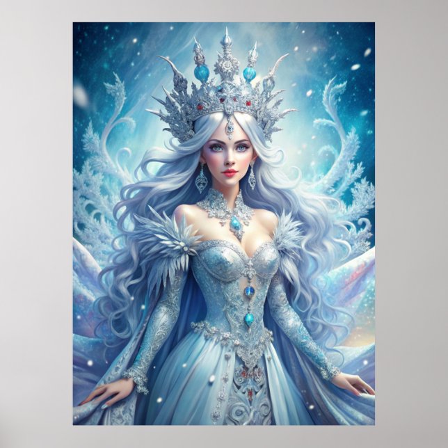 Ice Queen Fantasy – Winter Goddess Portrait Art Poster (Vorne)