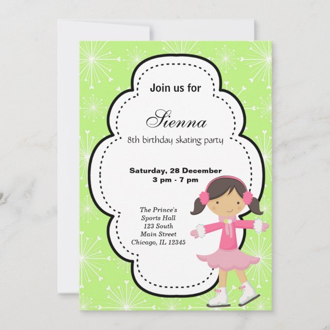 Ice Skaten Birthday (grün) Einladung (Vorderseite)