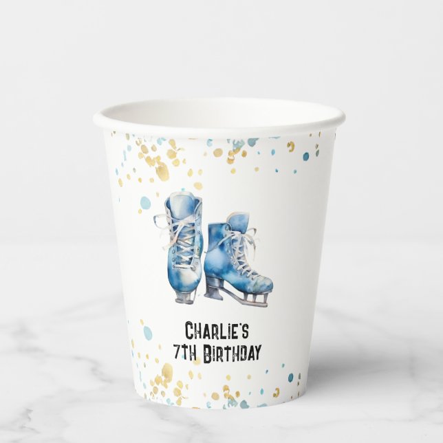 Ice Skaten Birthday Party Paper Cups, Blue Gold Pappbecher (Vorderseite)
