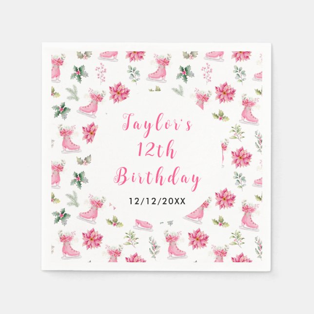 Ice Skaten Birthday Party Pink Serviette (Vorderseite)