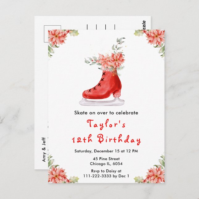 Ice Skaten Birthday Party Red Postkarte (Vorne/Hinten)