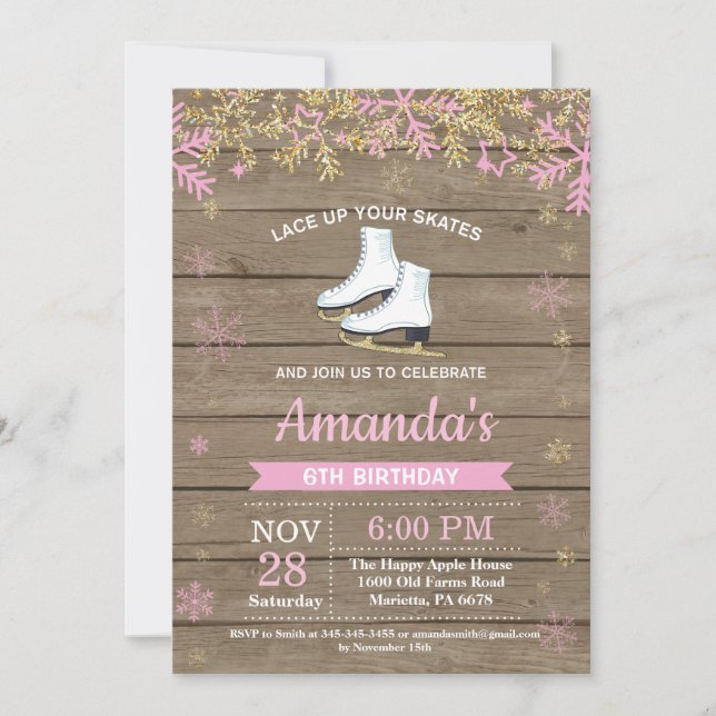 Ice Skaten Birthday Party Rosa Skate Einladung (Vorderseite)
