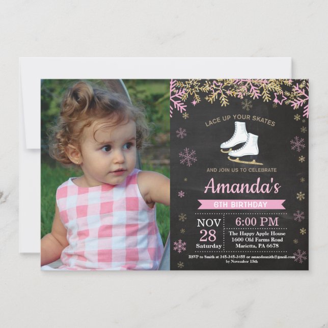Ice Skaten Birthday Party Rosa Skate Foto Einladung (Vorderseite)
