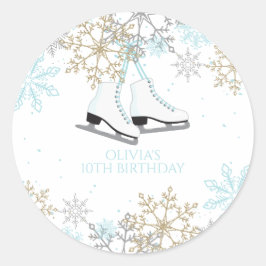 Ice Skaten Blue Silver Gold Snowflakes Geburtstag Runder Aufkleber