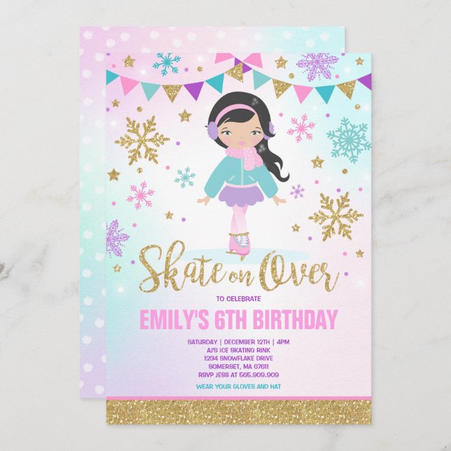 Ice Skaten Einladung Ice Skaten Party Gold (Vorne/Hinten)