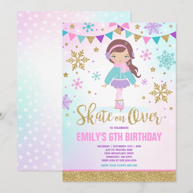 Ice Skaten Einladung Ice Skaten Party Gold (Vorne/Hinten)