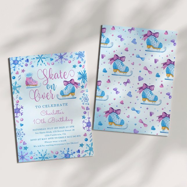 Ice Skaten Frozen Fairy Tale Schneeflocken Geburts Einladung (Ice Skating Watercolor Frozen Fairy Tale Snowflakes Hearts Ice Crystals Birthday Invitation
)
