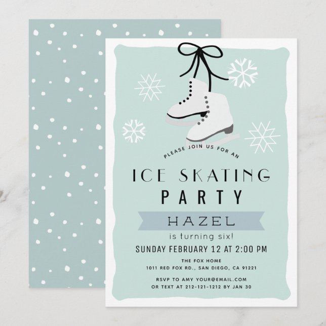 Ice Skaten Party Winter Blue Retro Geburtstag Einladung (Vorne/Hinten)