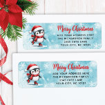 Ice Skaten Penguin Blue Red Custom Christmas<br><div class="desc">Diese personalisierten,  blauen und roten Weihnachtsferien-Rücksendeadressen-Aufkleber sind mit dem Sprichwort "Frohe Weihnachten" im Skript-Schriftart und einem niedlichen Pinguin-Eis-Skater in roter Weihnachtsmannmütze,  Schal und Figur-Skate ausgestattet. Die Vorlage macht es einfach,  Ihre Adresse einzugeben.</div>