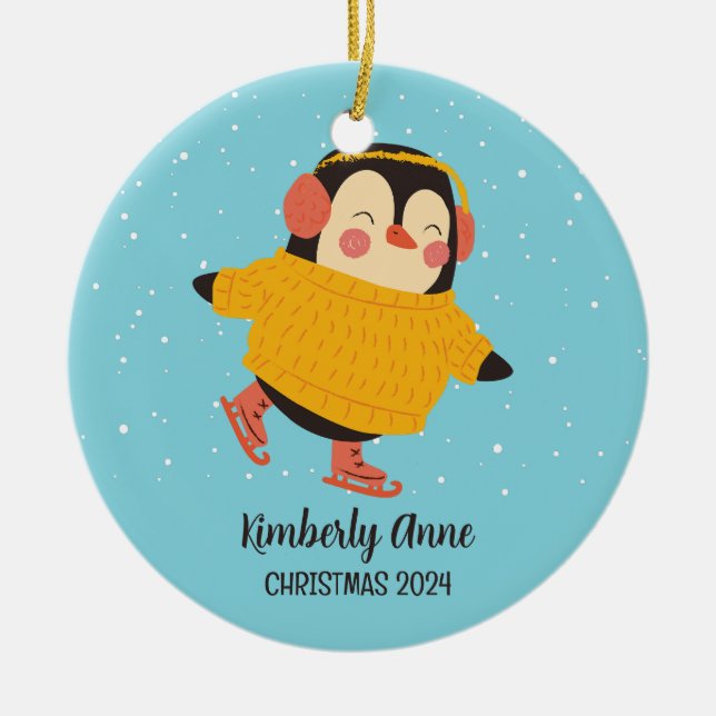 Ice Skaten Penguin Weihnachten Schnee Winter Feier Keramik Ornament (Vorne)
