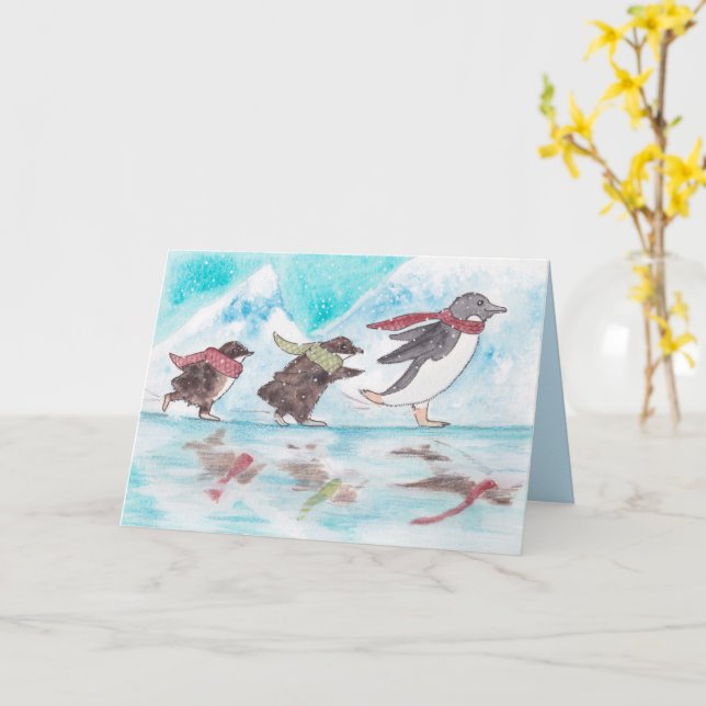 Ice Skaten Penguins Urlaubskarte Karte (Gelbe Blume)