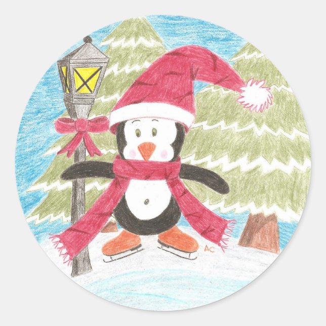 Ice Skaten Pinguin Runder Aufkleber (Vorderseite)