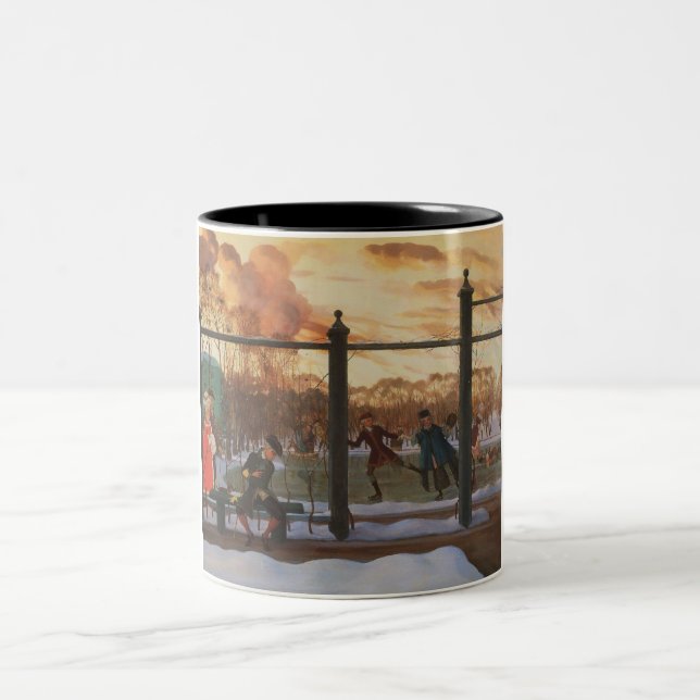 Ice Skaten Rink im Winter (von Konstantin Somov) Zweifarbige Tasse (Mittel)