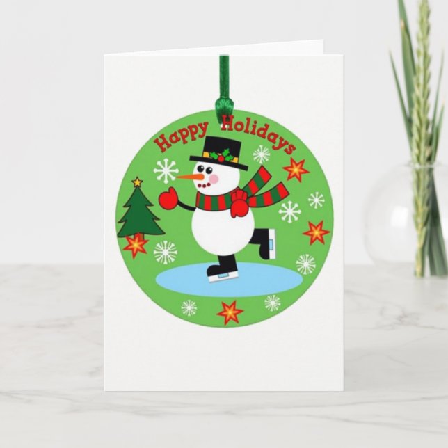 Ice Skaten Snowman Ornament Happy Holidays Karte (Vorderseite)