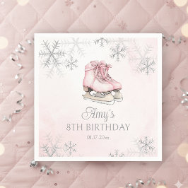 Ice Skates Girl Birthday Pink Bow Silver Snowflake Serviette