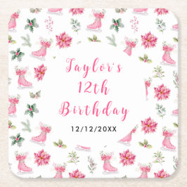 Ice Skating Birthday Party Pink Rechteckiger Pappuntersetzer