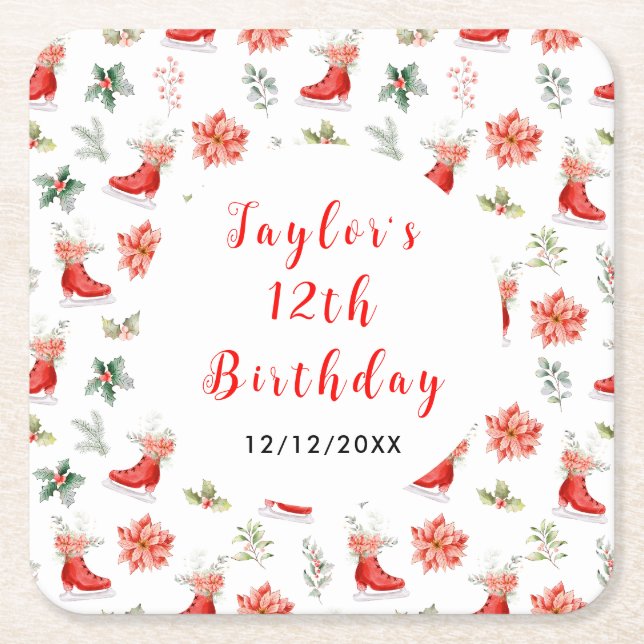 Ice Skating Birthday Party Red Rechteckiger Pappuntersetzer (Vorderseite)