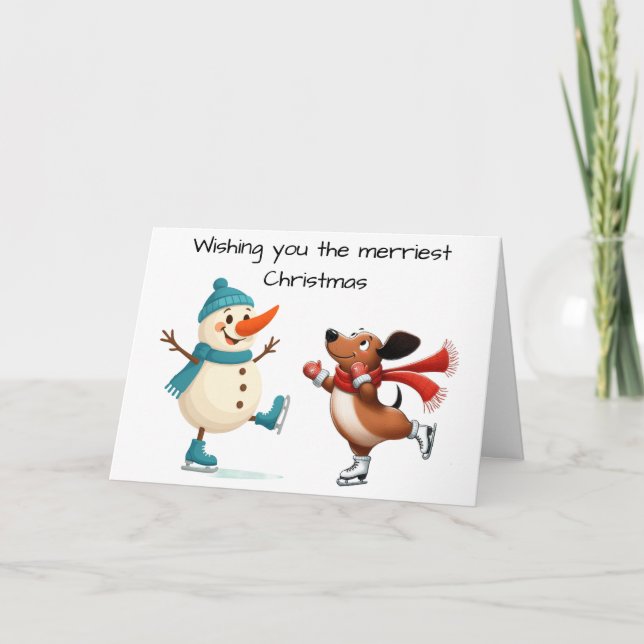 Ice Skating Dachshund Christmas Card Dankeskarte (Vorderseite)