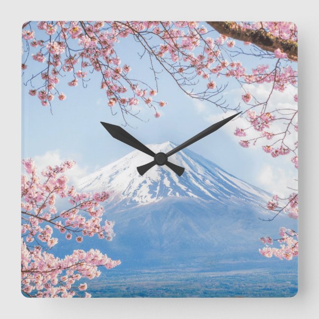 Ice & Snow | Cherry Blossoms Mt. Fuji Japan Quadratische Wanduhr (Vorderseite)
