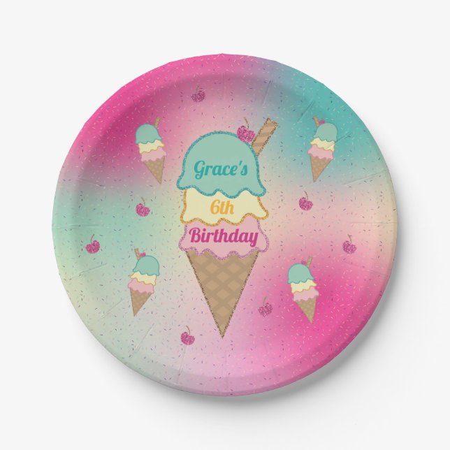 Icecream Parlor Cart Rainbow Glitzer Geburtstag Pappteller (Vorderseite)
