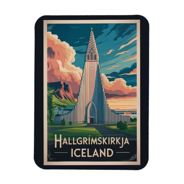 Iceland Hallgrimskirkja Illustration Travel Art Magnet (Vertikal)
